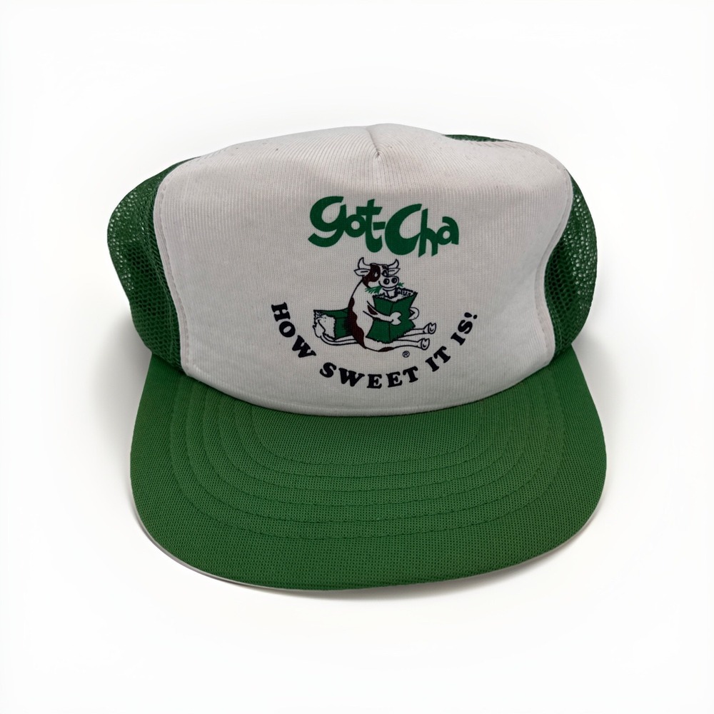 Vintage Got-cha Trucker Hat Cow Hay SnapBack Mesh Green Farming 80s 90s